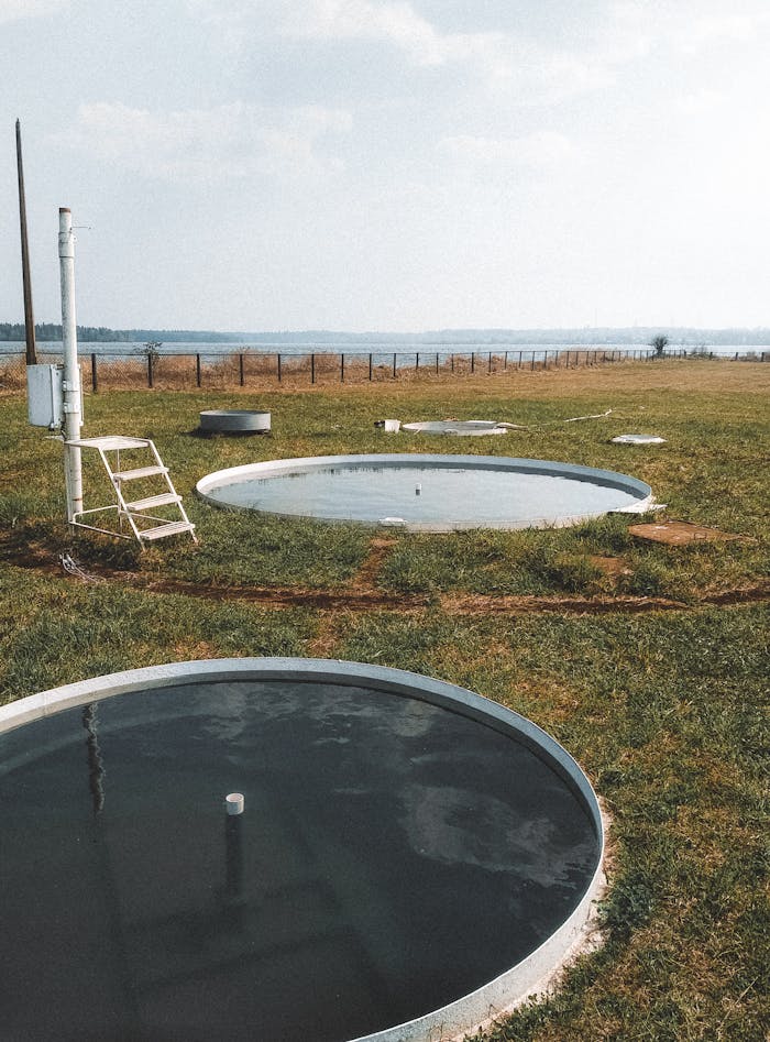 Circular water ponds in a vast grassy field near a lake in Valday, Russia, peaceful and natural.