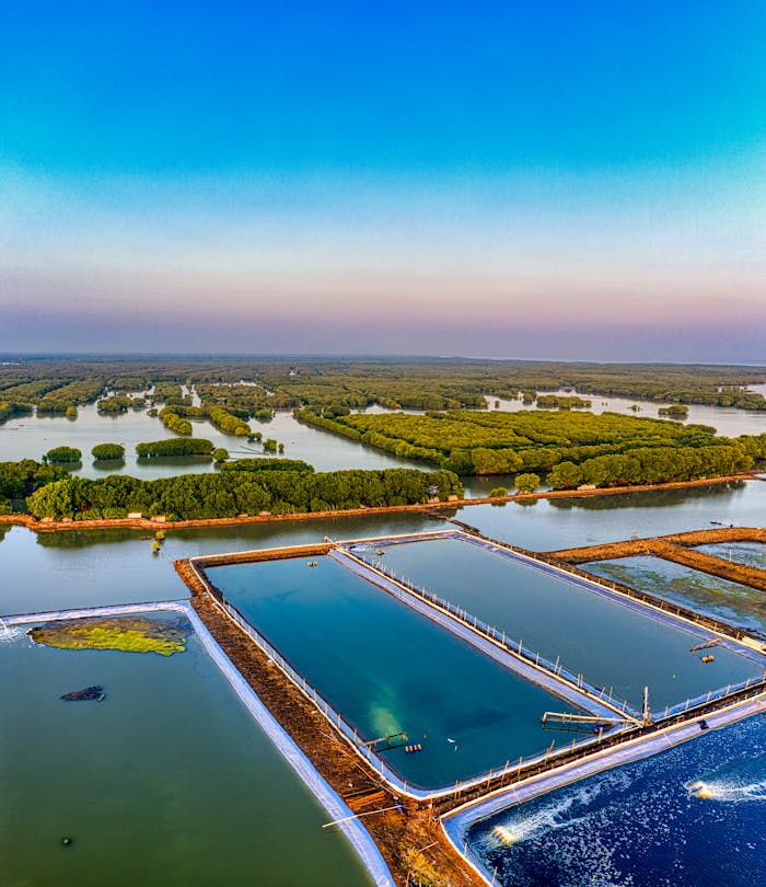 Aerial shot of lush fish farms against a scenic coastal landscape in West Java, Indonesia.